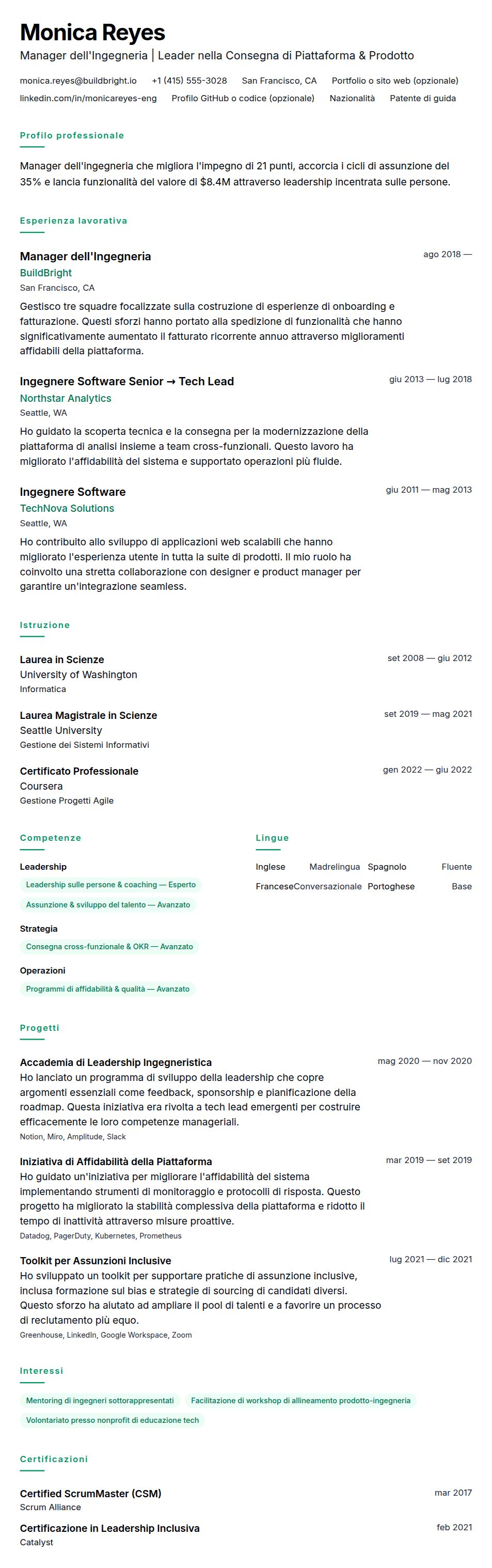 Esempio di Curriculum Manager dell'Ingegneria