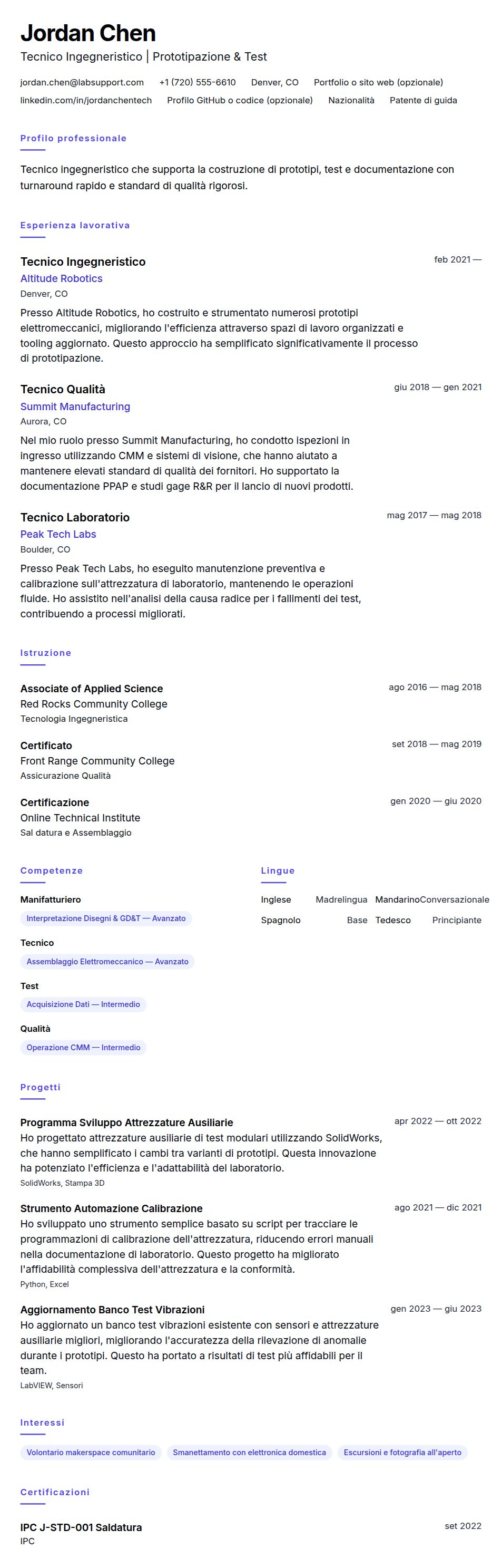 Anteprima del curriculum Esempio di Curriculum per Tecnico