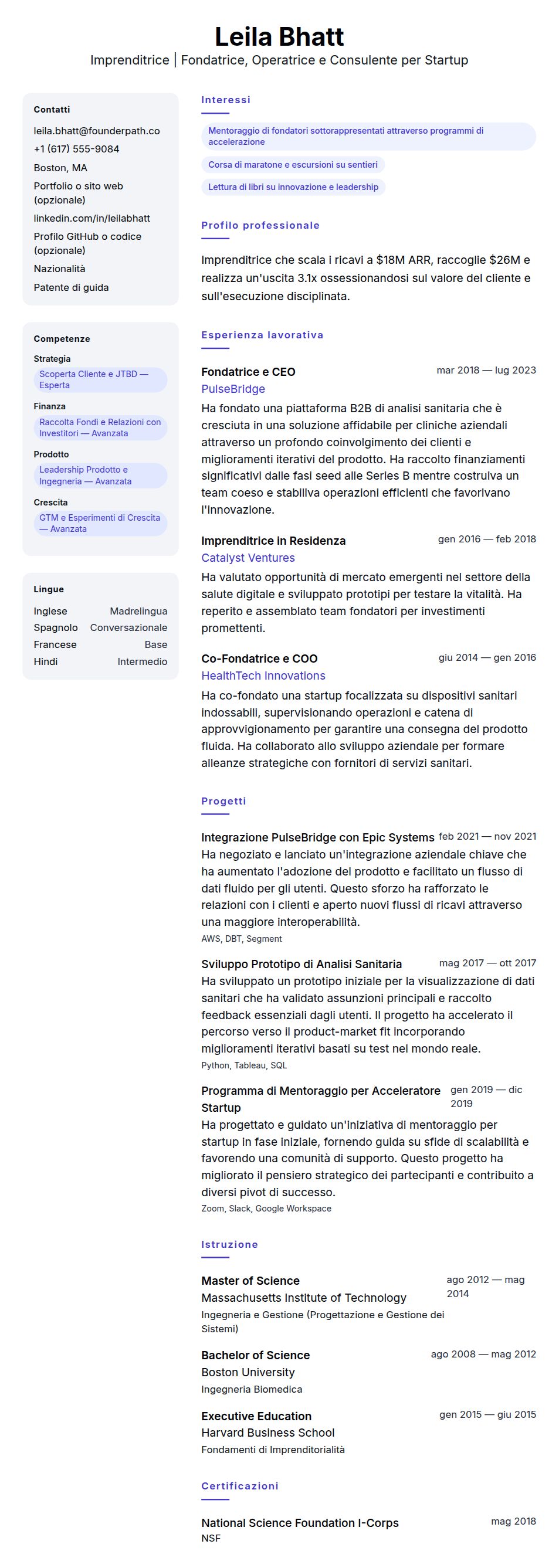 Anteprima del curriculum Esempio di Curriculum Imprenditore