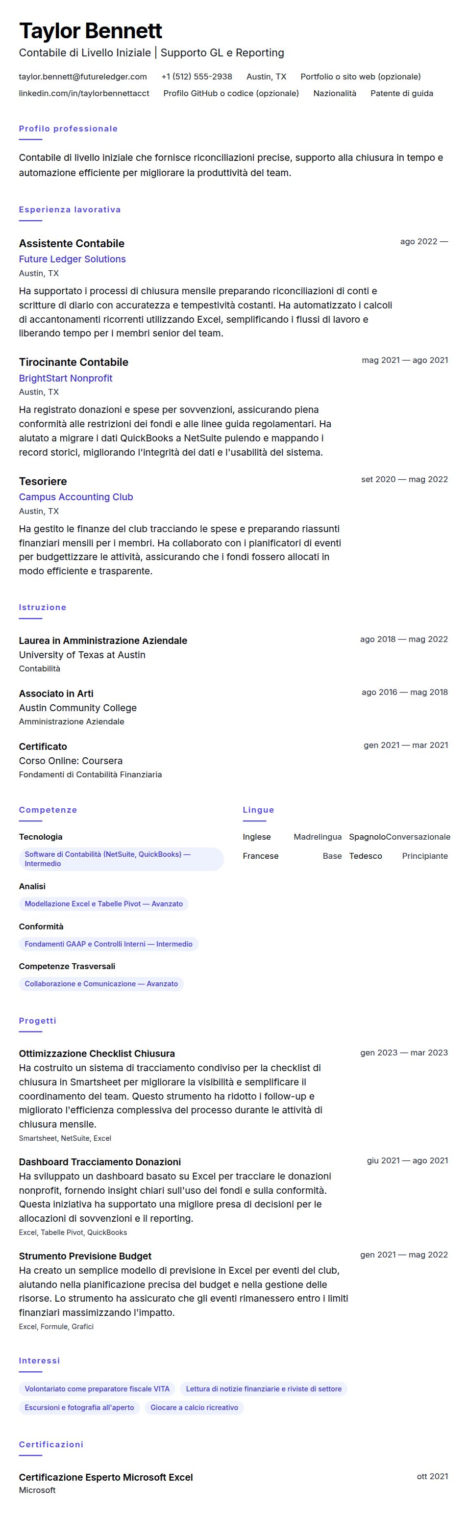 Anteprima del curriculum Esempio di Curriculum per Contabile di Livello Iniziale