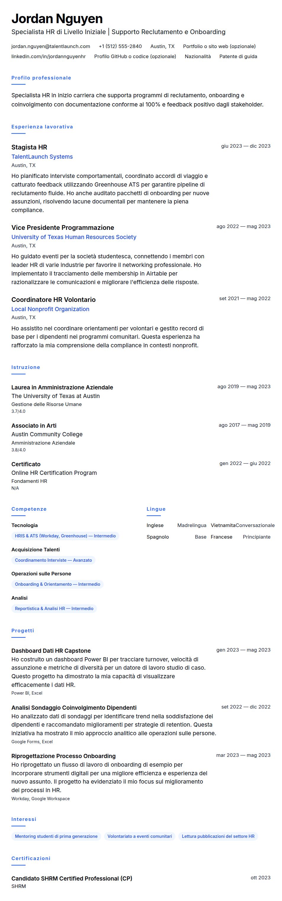 Anteprima del curriculum Esempio di Curriculum Vitae per Specialista HR di Livello Iniziale