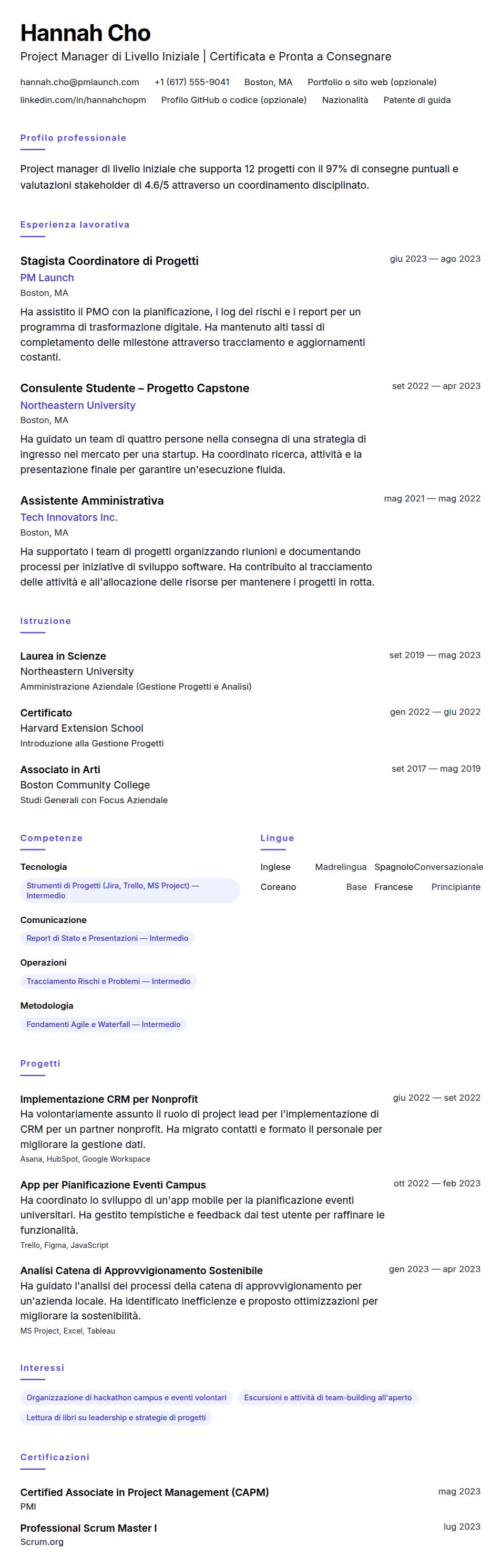 Anteprima del curriculum Esempio di Curriculum per Project Manager di Livello Iniziale