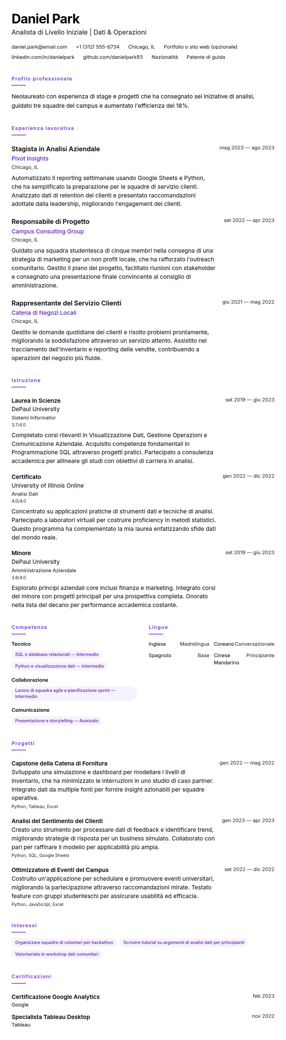 Anteprima del curriculum Esempio di Curriculum Vitae per Livello Iniziale