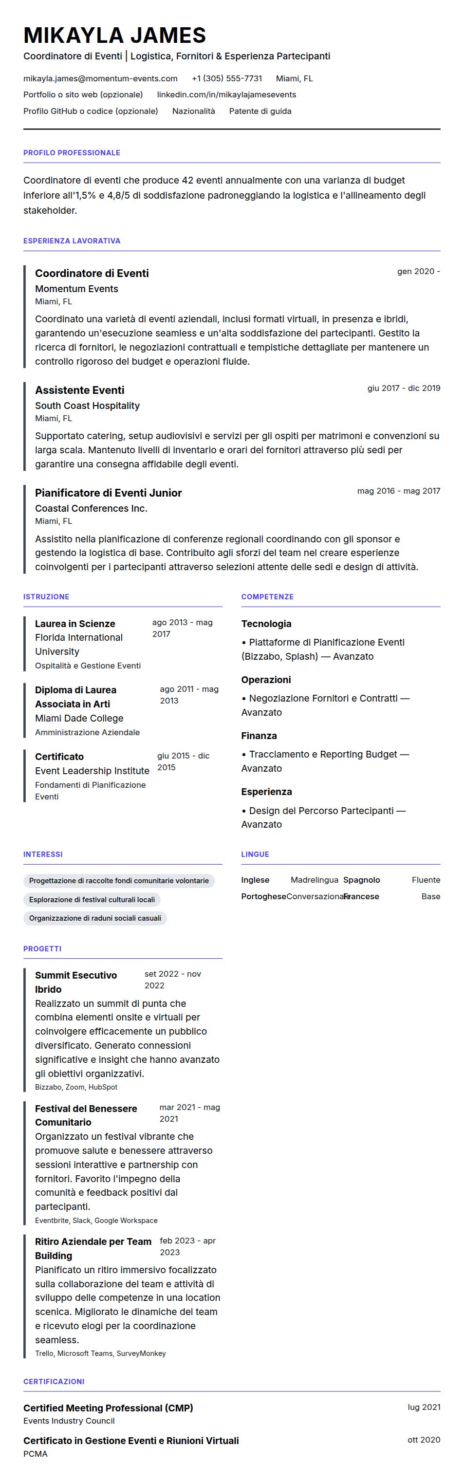 Anteprima del curriculum Esempio di Curriculum per Coordinatore di Eventi