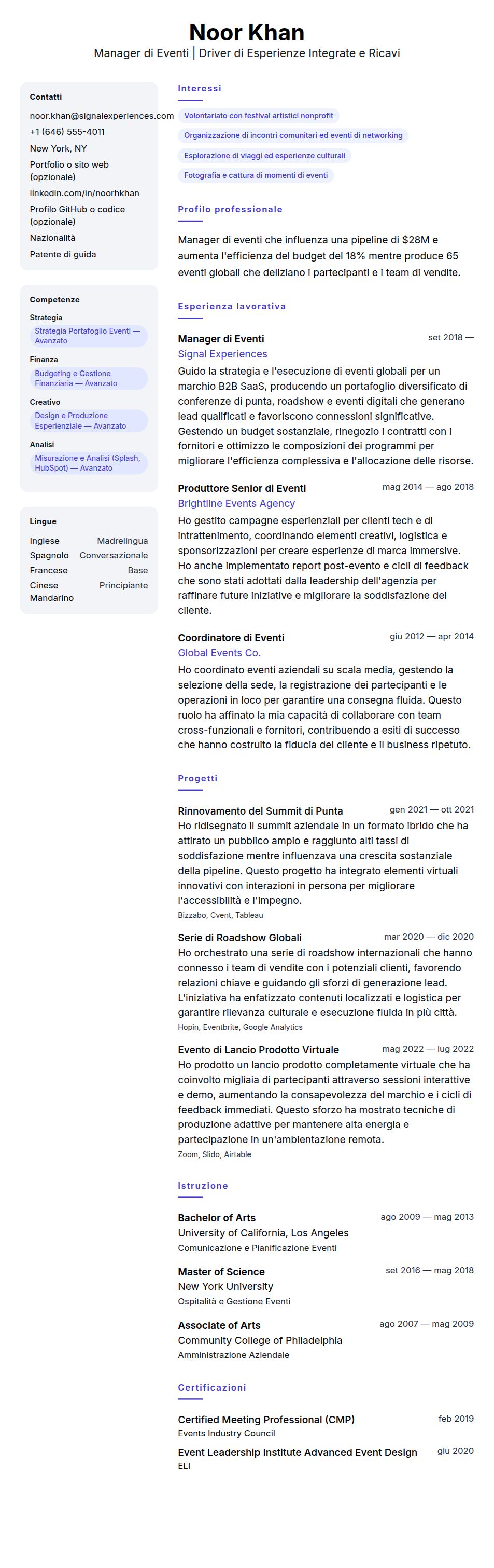 Anteprima del curriculum Esempio di Curriculum Manager di Eventi