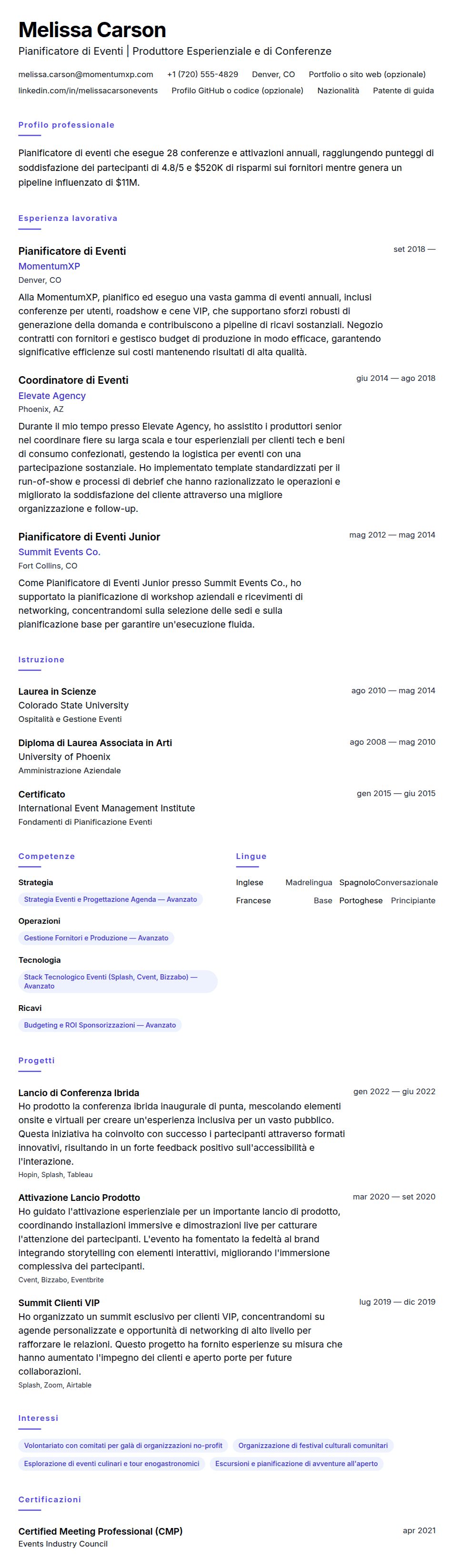 Anteprima del curriculum Esempio di Curriculum Vitae per Pianificatore di Eventi