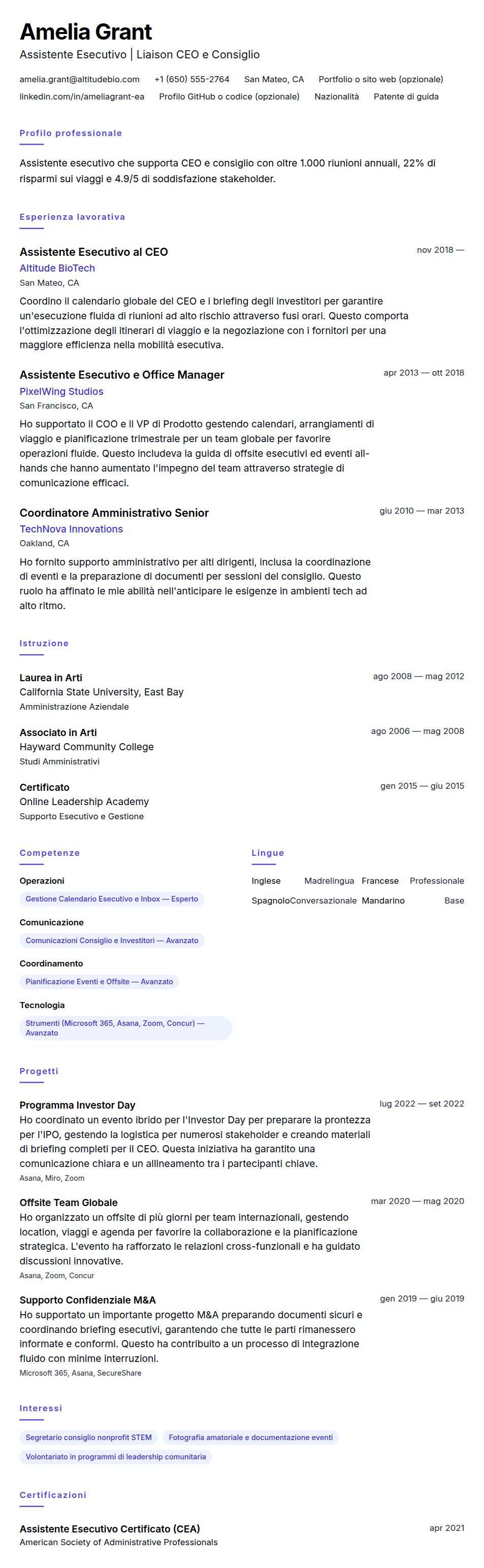 Anteprima del curriculum Esempio di Curriculum Assistente Esecutivo