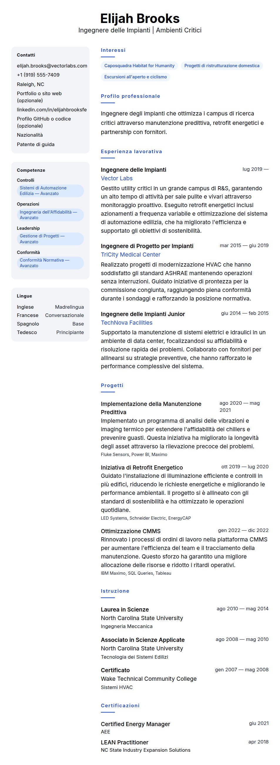Anteprima del curriculum Esempio di Curriculum Vitae per Ingegnere delle Impianti