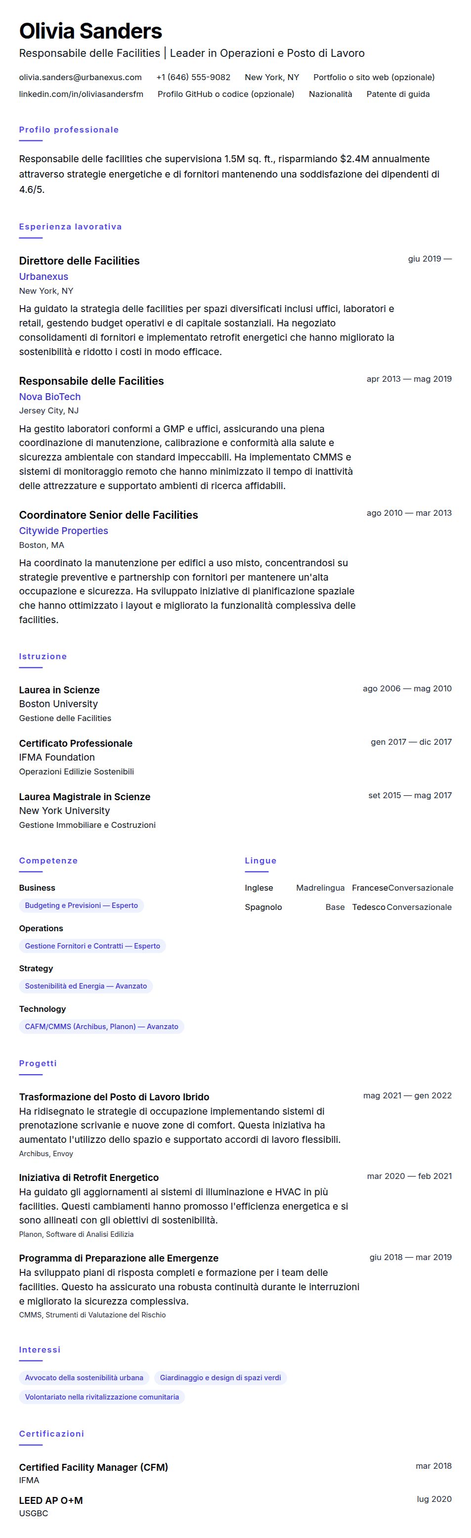Anteprima del curriculum Esempio di Curriculum Vitae per Responsabile delle Facilities