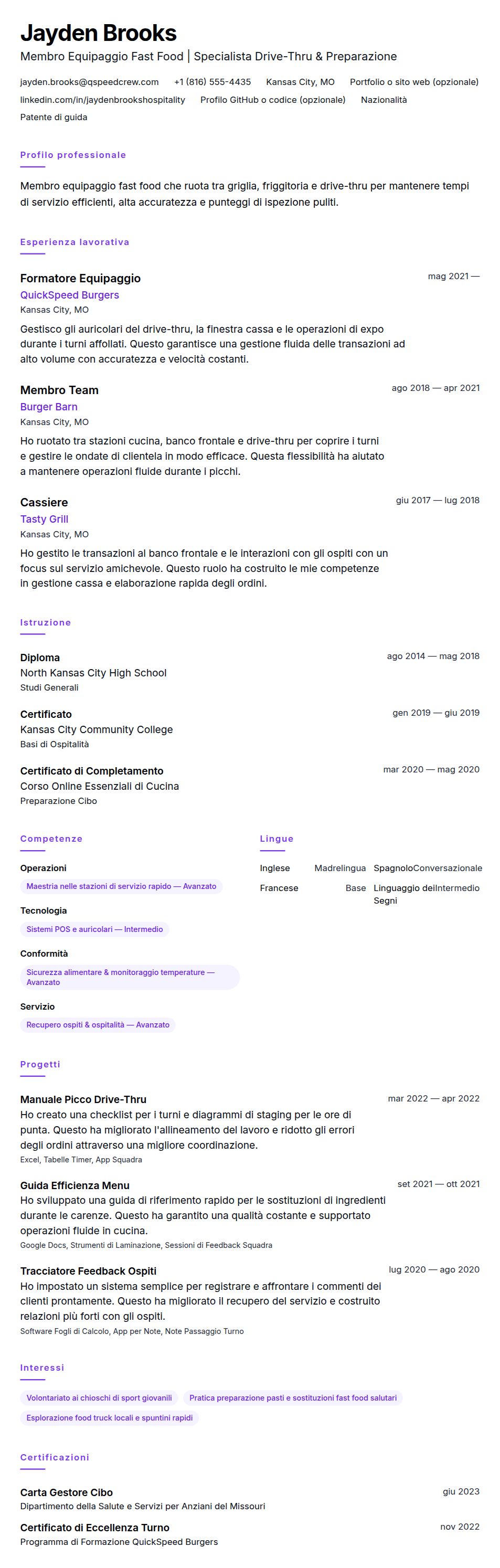 Anteprima del curriculum Esempio di Curriculum Vitae per Lavoratore Fast Food