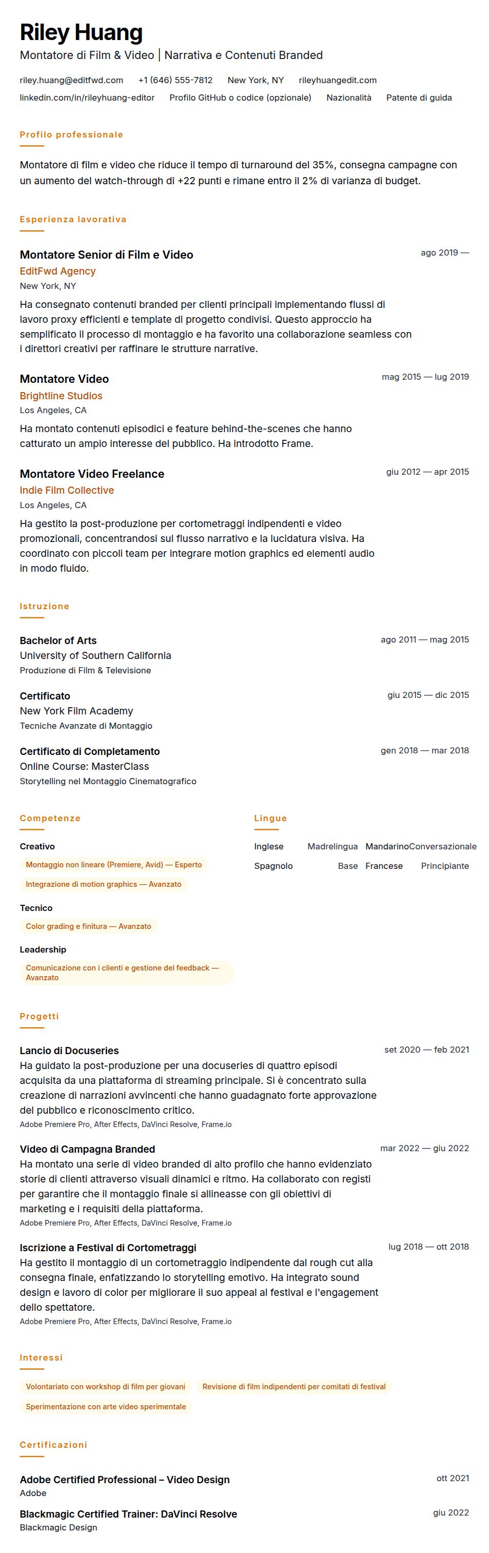 Anteprima del curriculum Esempio di Curriculum per Montatore di Film e Video