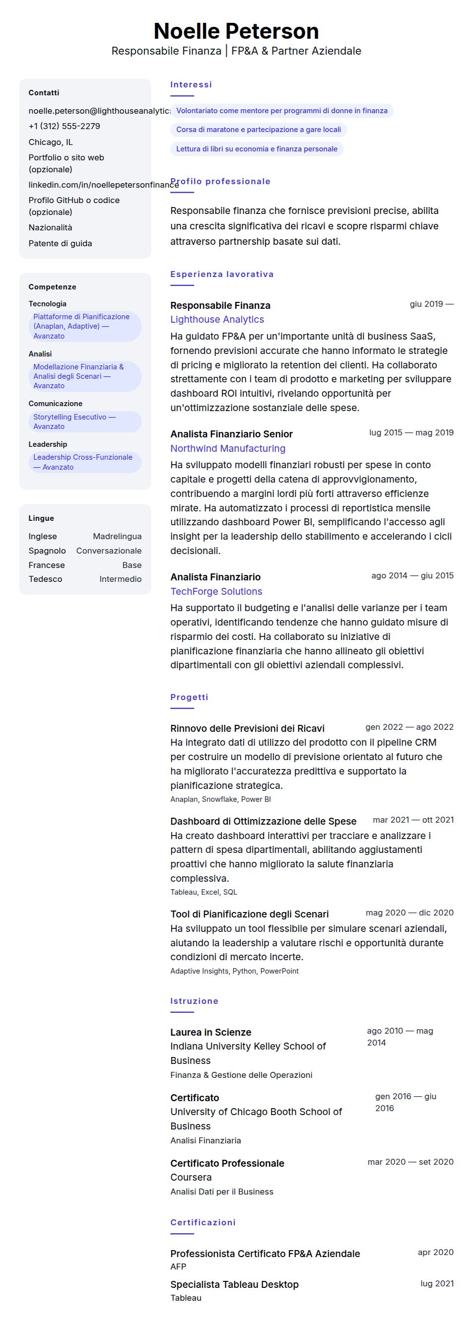 Anteprima del curriculum Esempio di Curriculum Responsabile Finanza