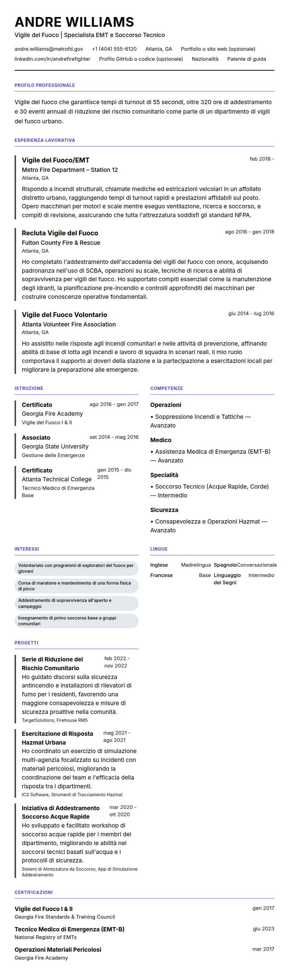 Esempio di Curriculum Vitae per Vigile del Fuoco