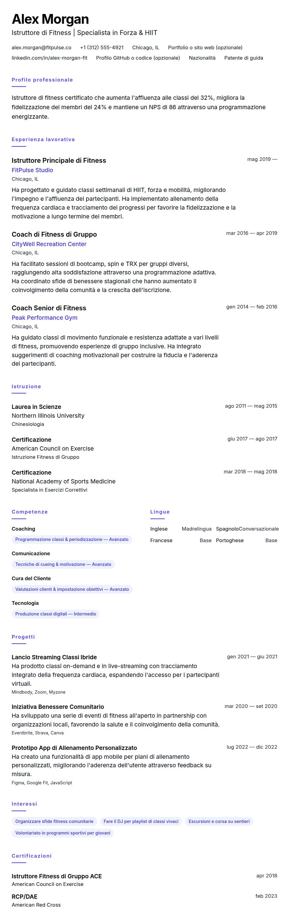 Anteprima del curriculum Esempio di Curriculum Vitae per Istruttore di Fitness