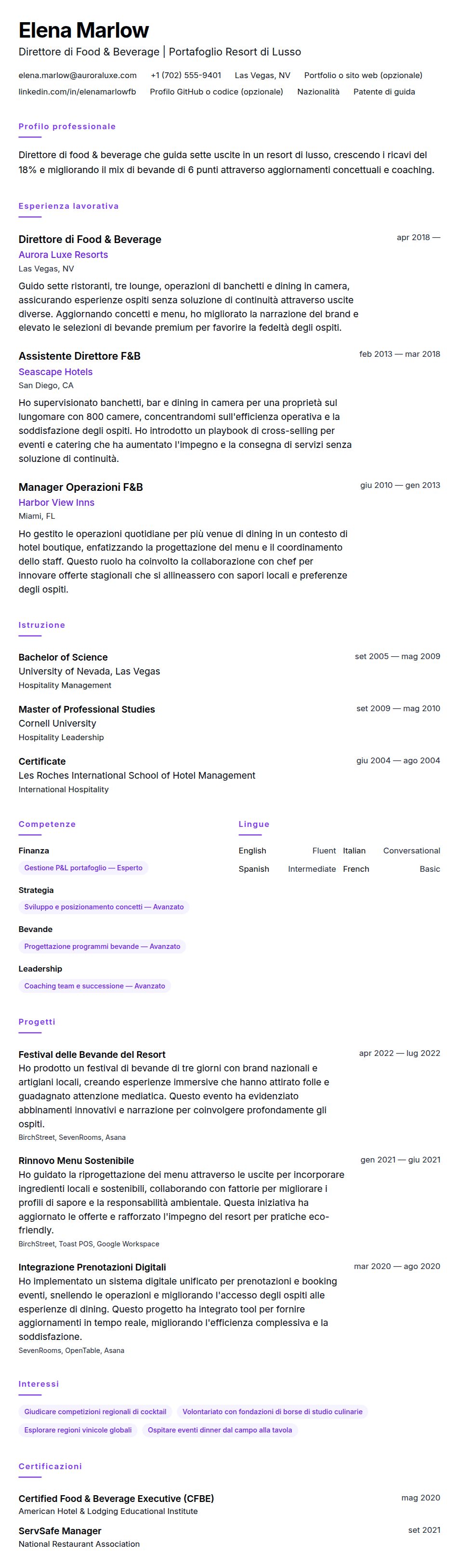Esempio di Curriculum per Direttore di Food and Beverage