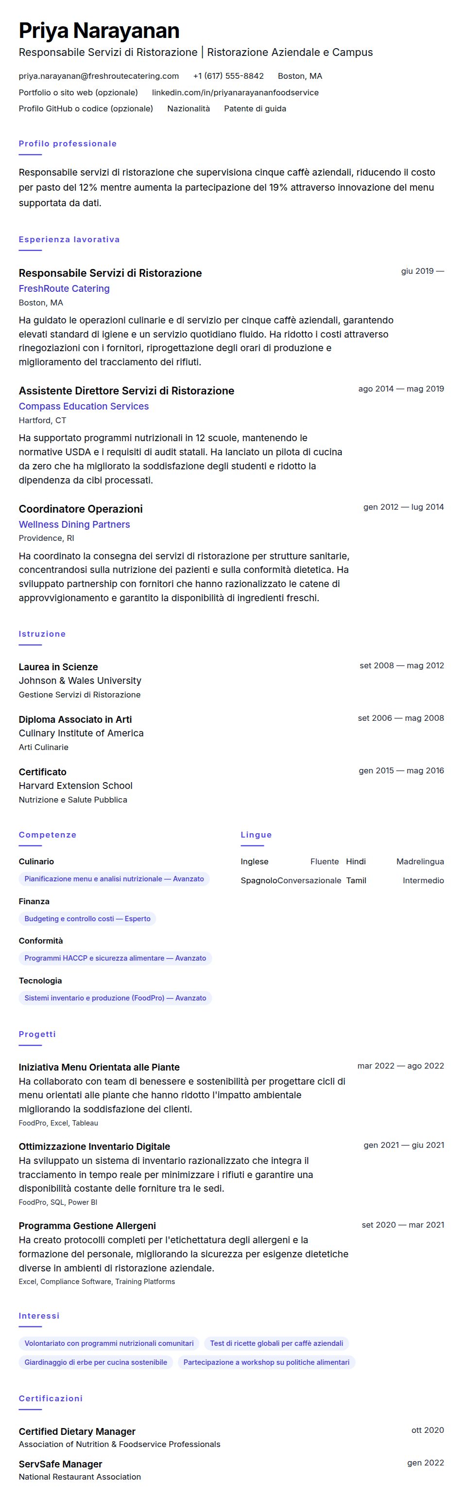 Esempio di Curriculum Responsabile Servizi di Ristorazione