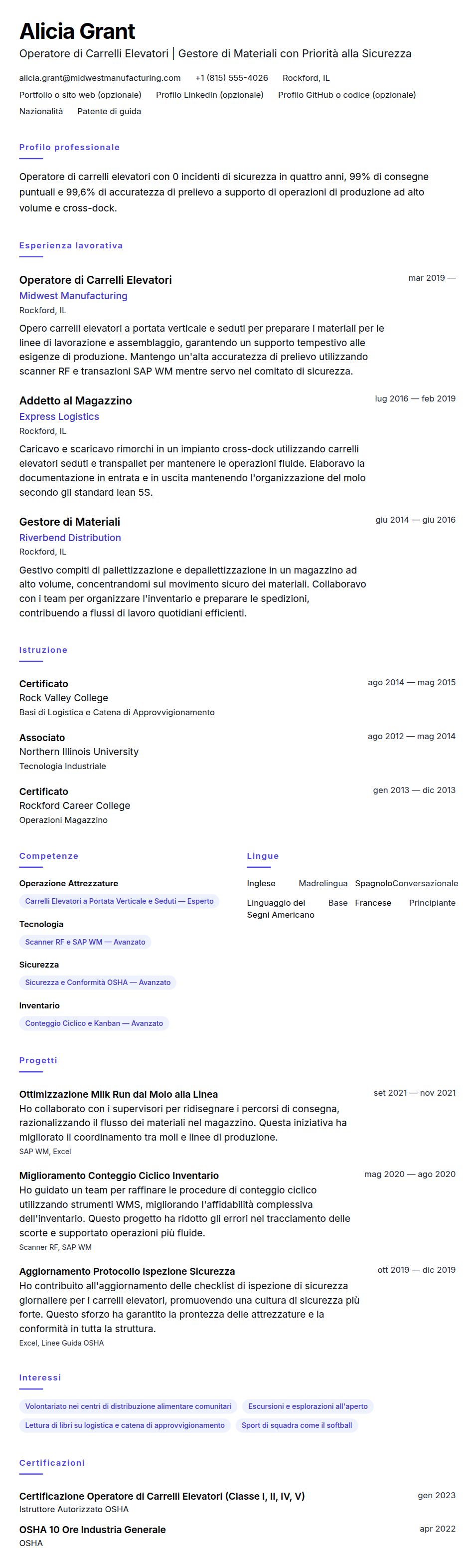 Anteprima del curriculum Esempio di Curriculum Operatore di Carrelli Elevatori