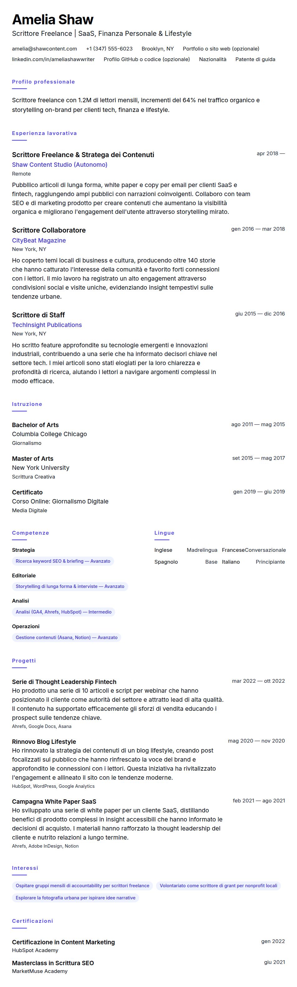 Anteprima del curriculum Esempio di Curriculum Vitae per Scrittore Freelance