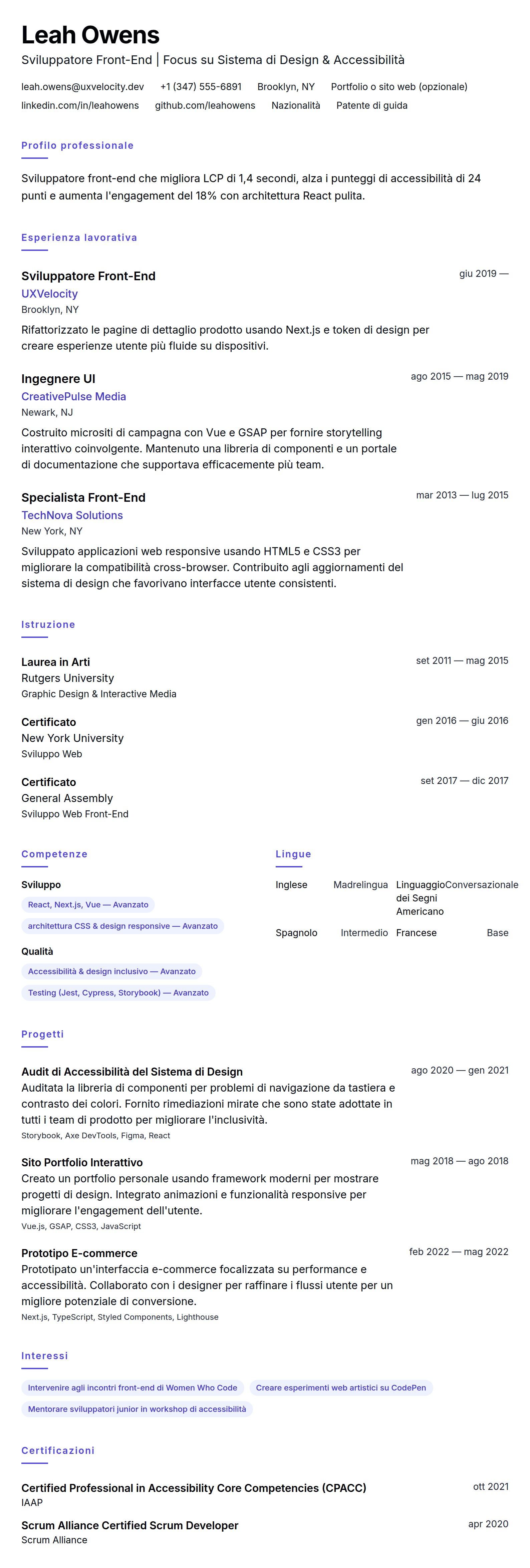 Anteprima del curriculum Esempio di Curriculum per Sviluppatore Front-End