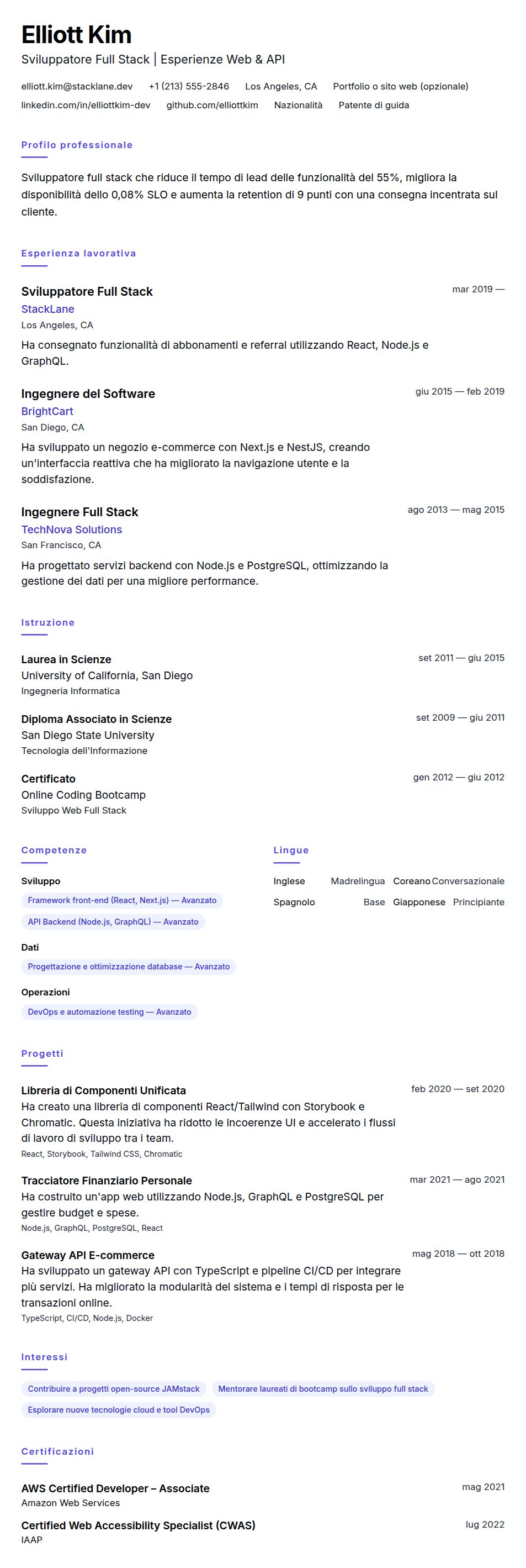 Anteprima del curriculum Esempio di Curriculum Sviluppatore Full Stack