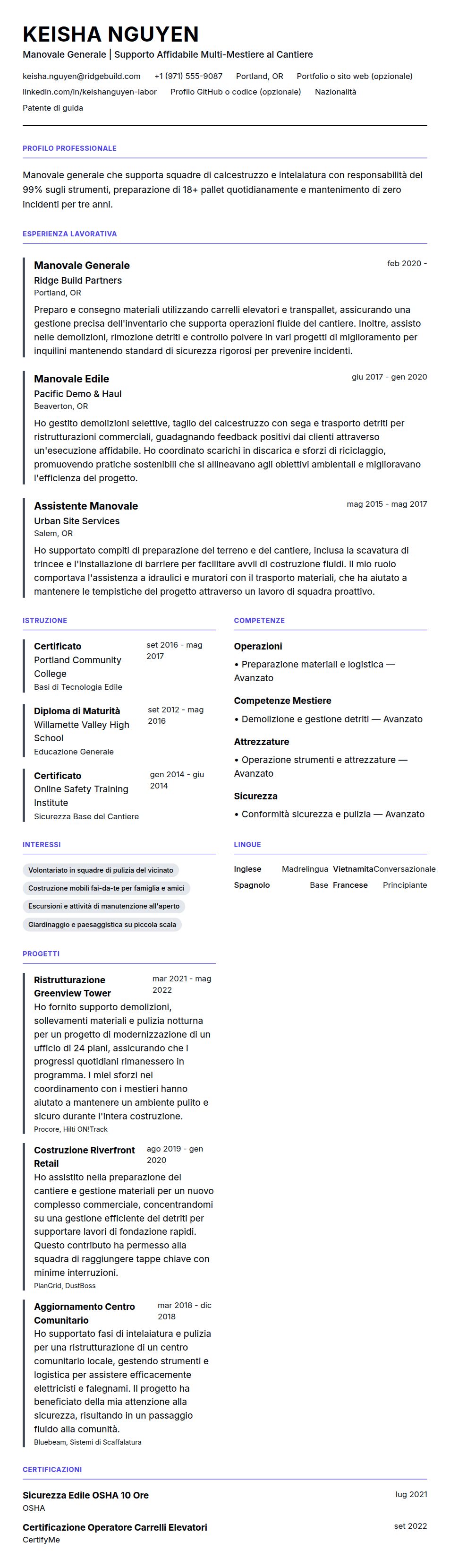Esempio di Curriculum Manovale Generale