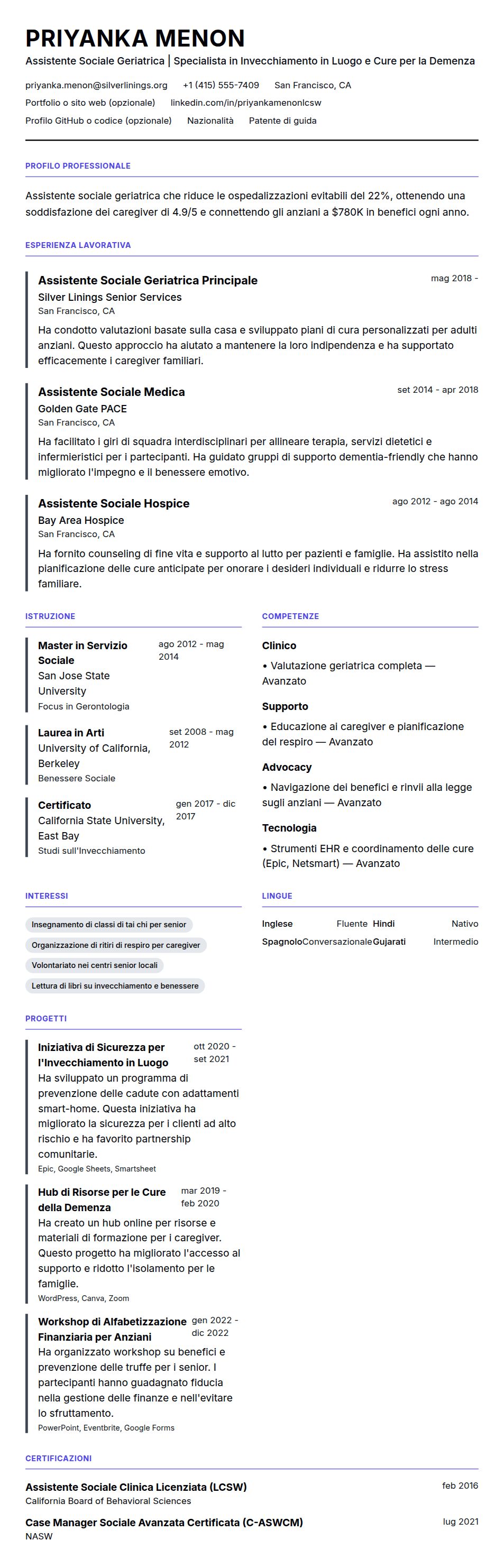 Anteprima del curriculum Esempio di Curriculum Vitae per Assistente Sociale Geriatrica