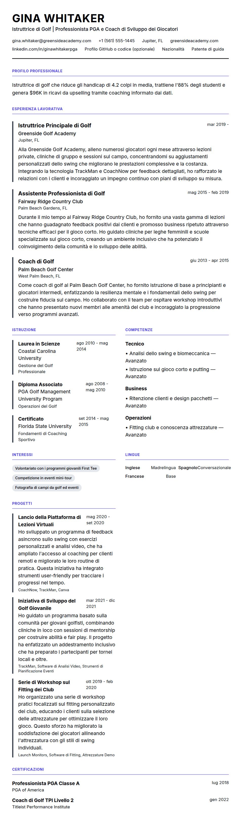 Anteprima del curriculum Esempio di Curriculum Vitae per Istruttore di Golf