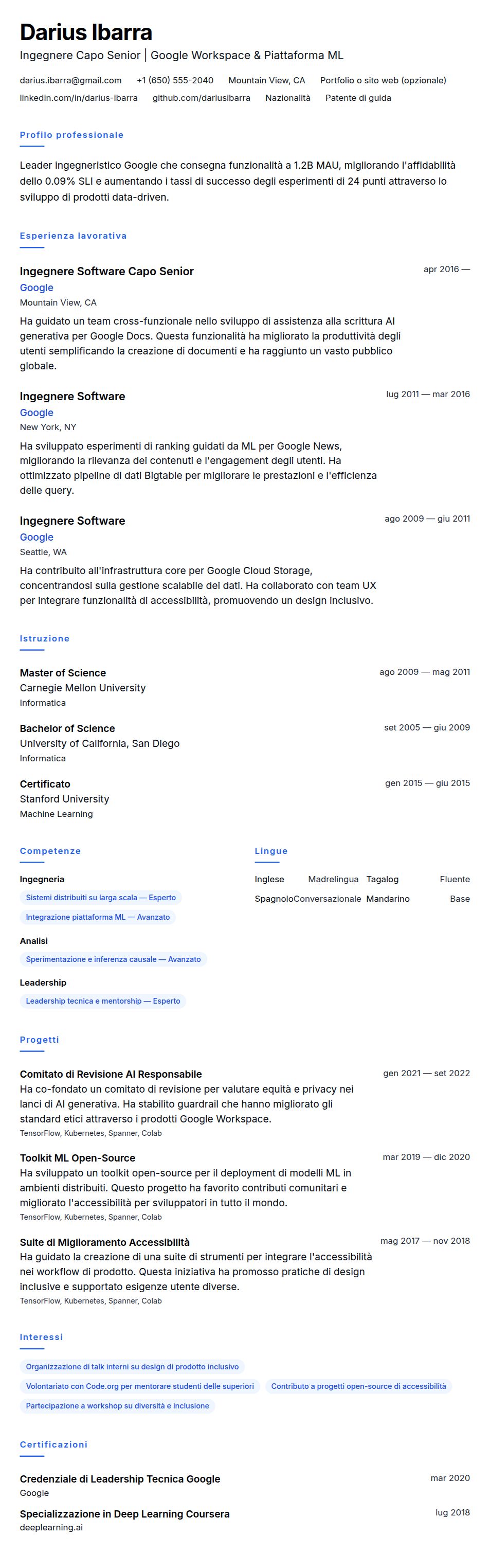 Anteprima del curriculum Esempio di Curriculum Google