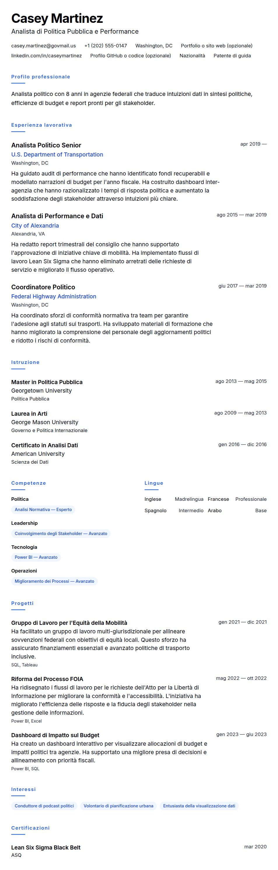 Anteprima del curriculum Esempio di Curriculum Analista Governativo