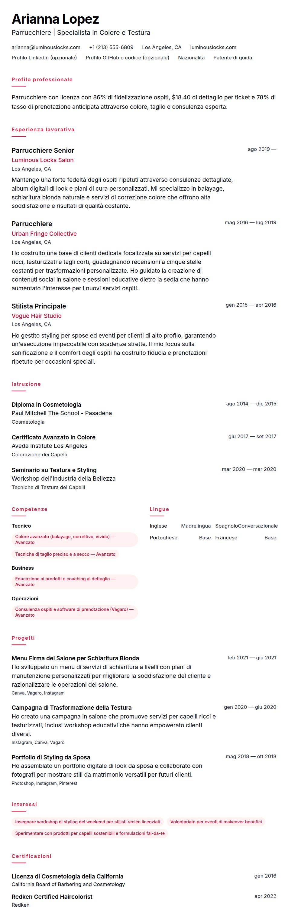Anteprima del curriculum Esempio di Curriculum Vitae per Parrucchiere