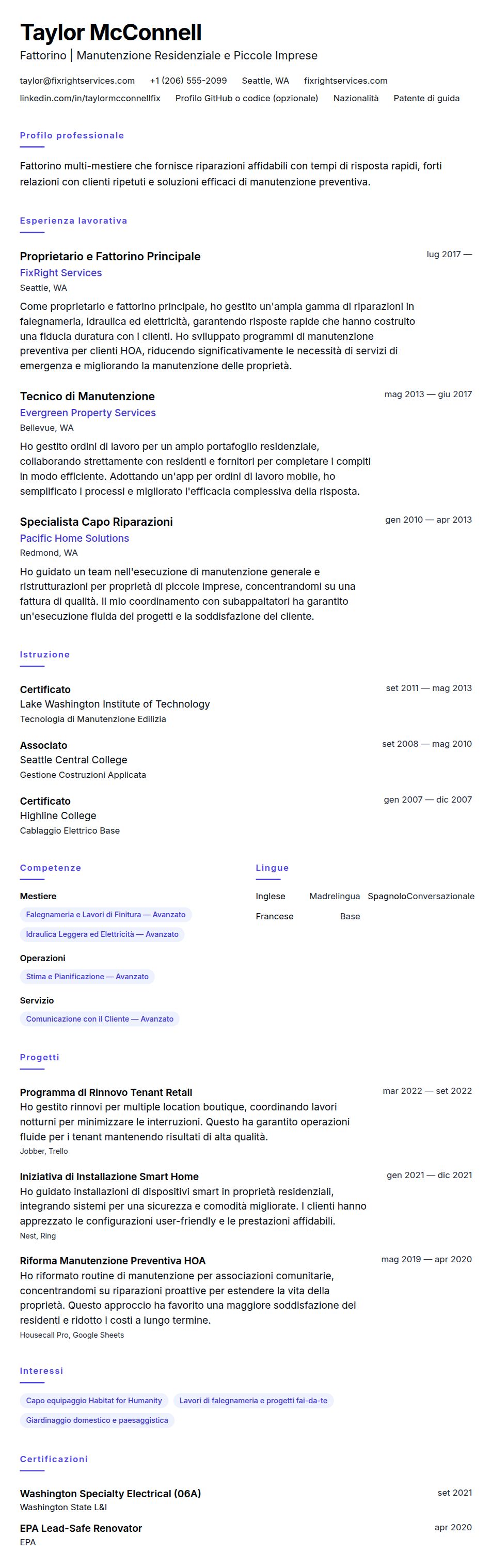 Anteprima del curriculum Esempio di Curriculum Vitae per Fattorino