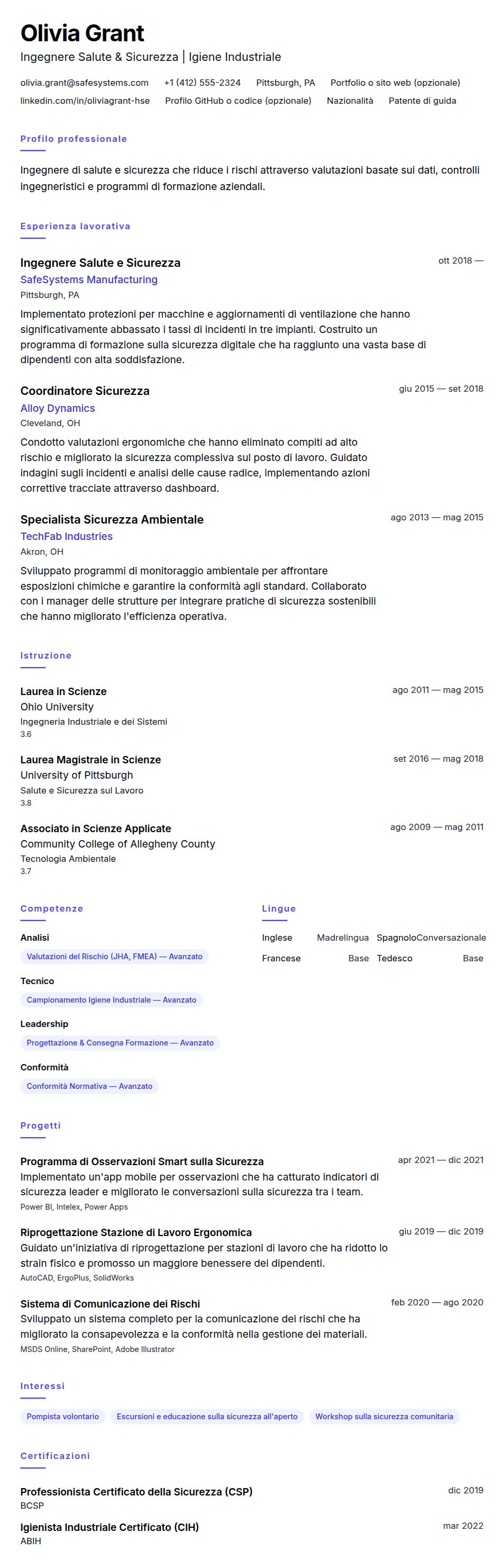Anteprima del curriculum Esempio di Curriculum Ingegnere Salute e Sicurezza