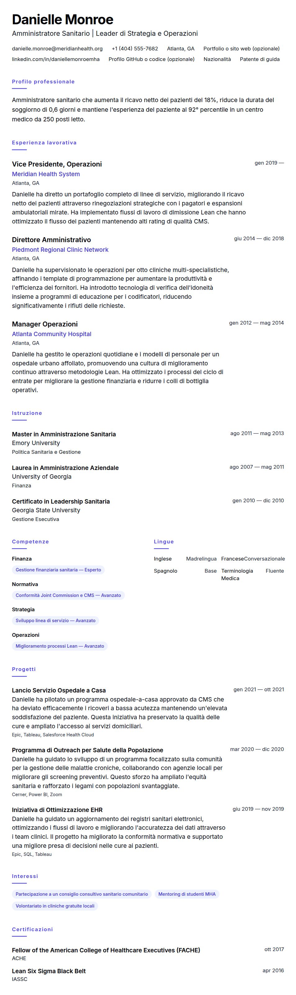 Anteprima del curriculum Esempio di Curriculum Vitae per Amministrazione Sanitaria