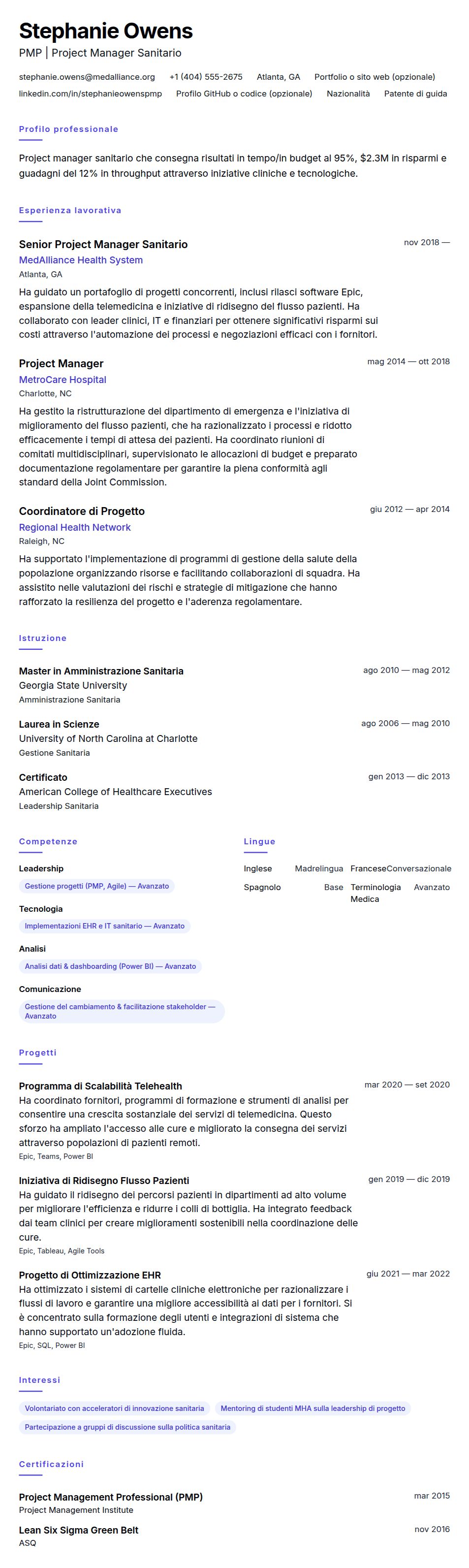 Anteprima del curriculum Esempio di Curriculum Project Manager Sanitario
