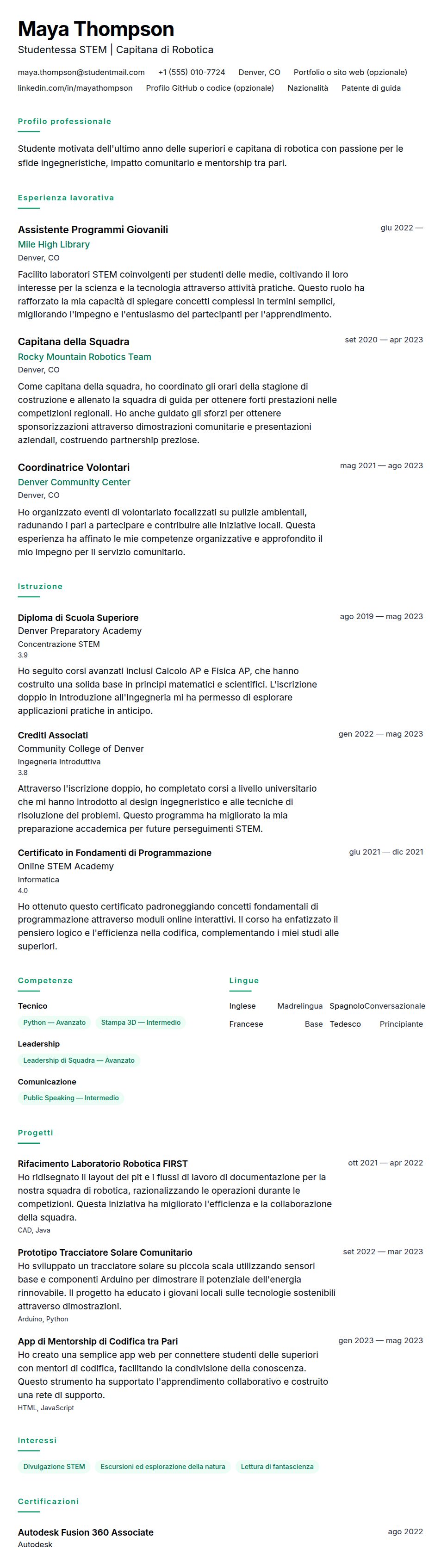 Anteprima del curriculum Esempio di Curriculum Studente delle Superiori