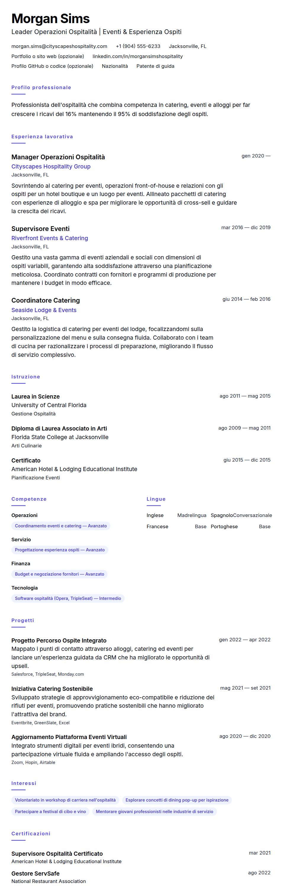 Esempio di Curriculum per Professionista dell'Ospitalità e Ristorazione