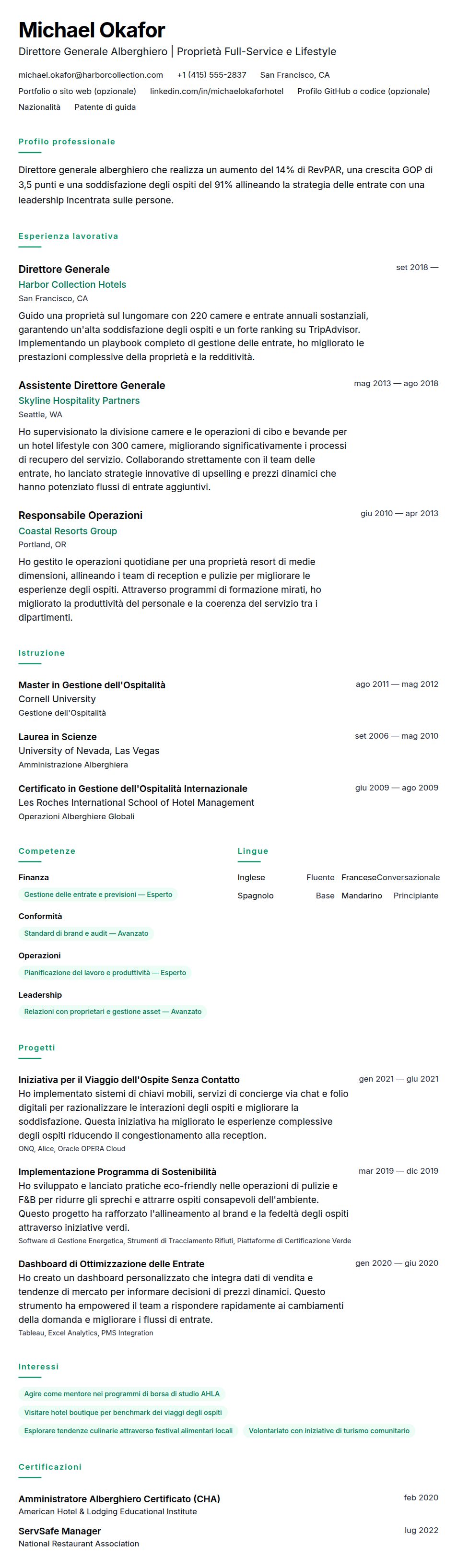 Anteprima del curriculum Esempio di Curriculum per Gestione Alberghiera