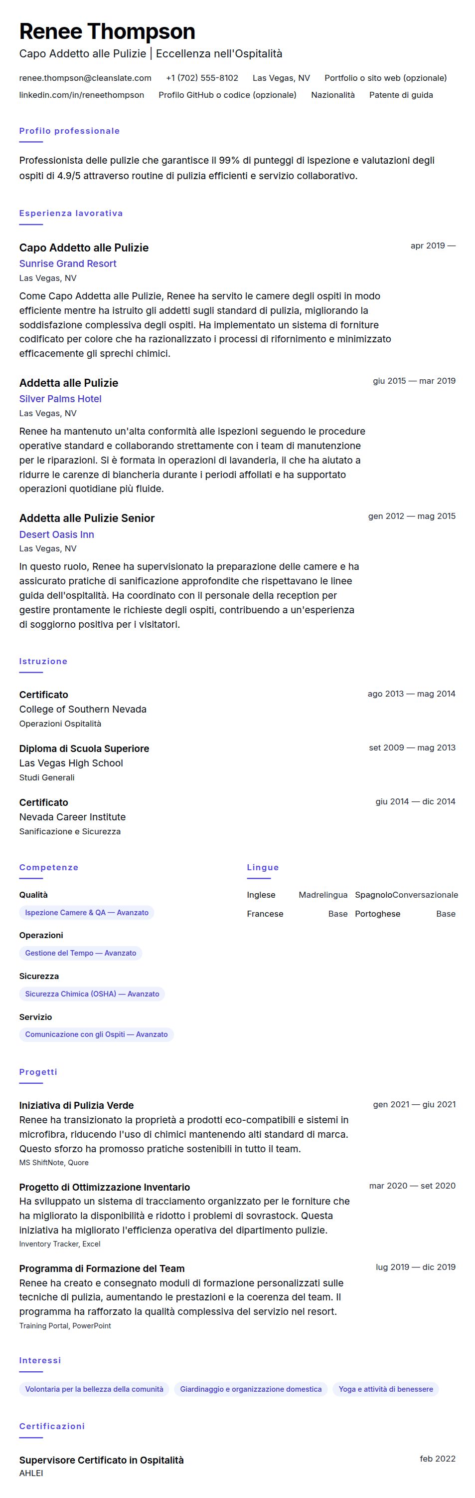 Anteprima del curriculum Esempio di Curriculum per le Pulizie