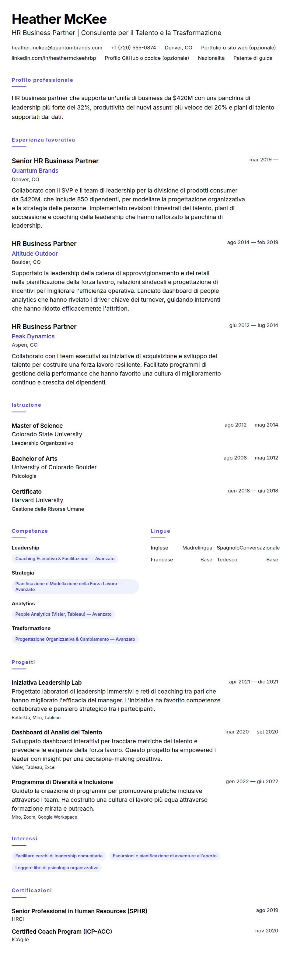 Esempio di Curriculum HR Business Partner