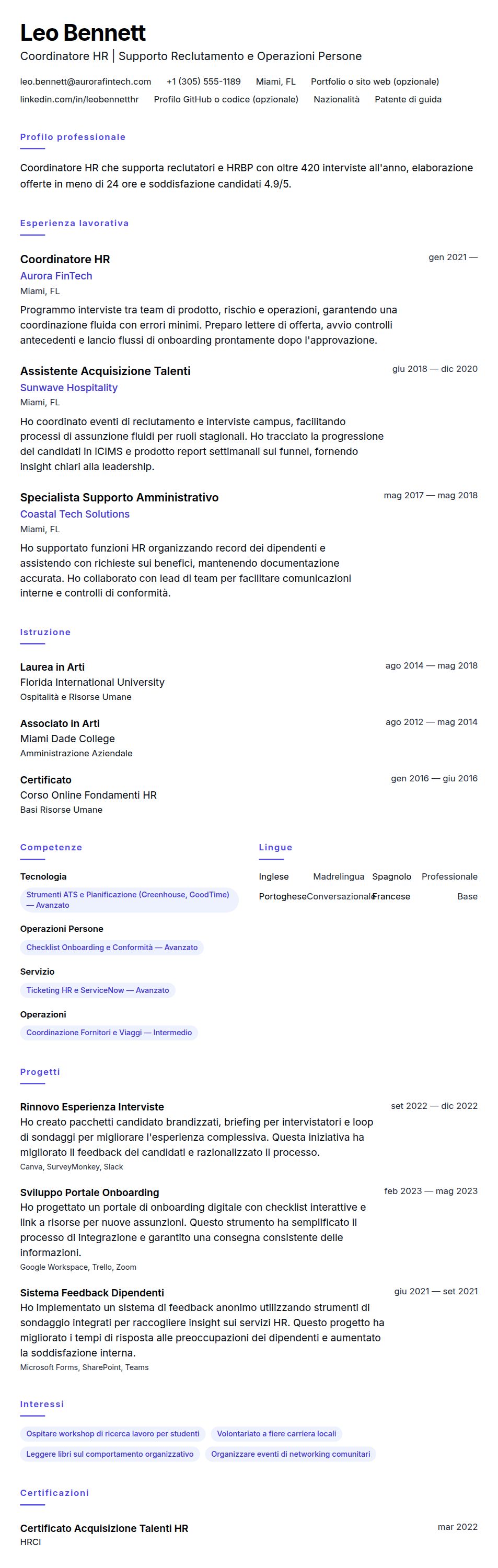 Esempio di Curriculum Vitae per Coordinatore HR