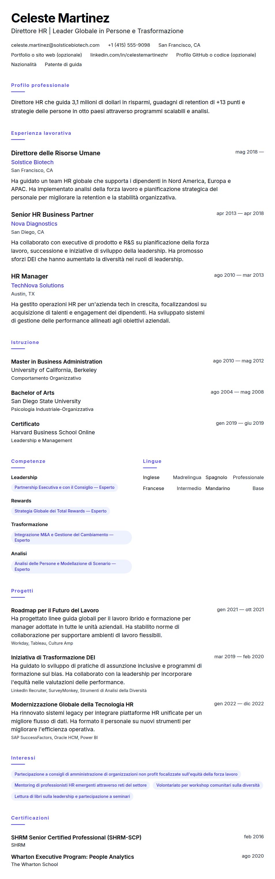 Esempio di Curriculum Vitae per Direttore HR
