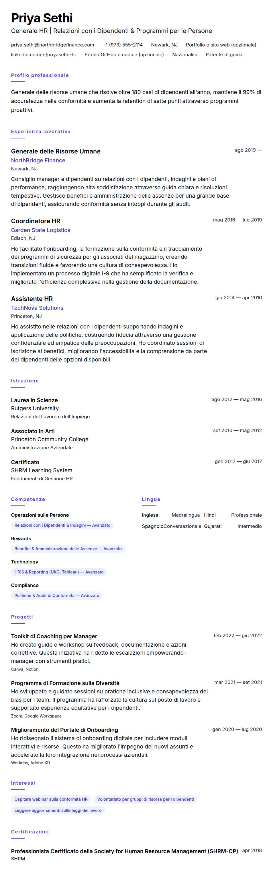 Anteprima del curriculum Esempio di Curriculum Vitae per Generale delle Risorse Umane