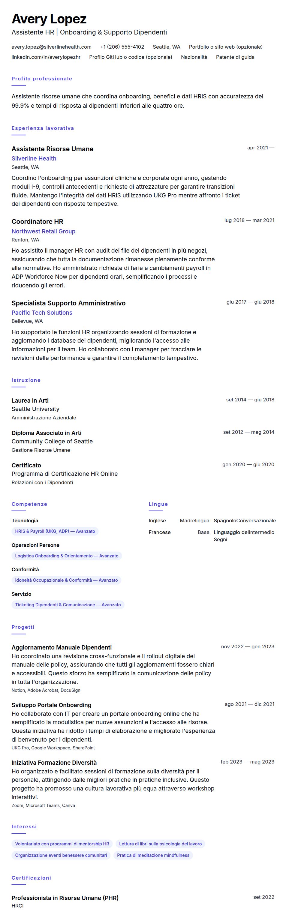 Anteprima del curriculum Esempio di Curriculum Assistente Risorse Umane