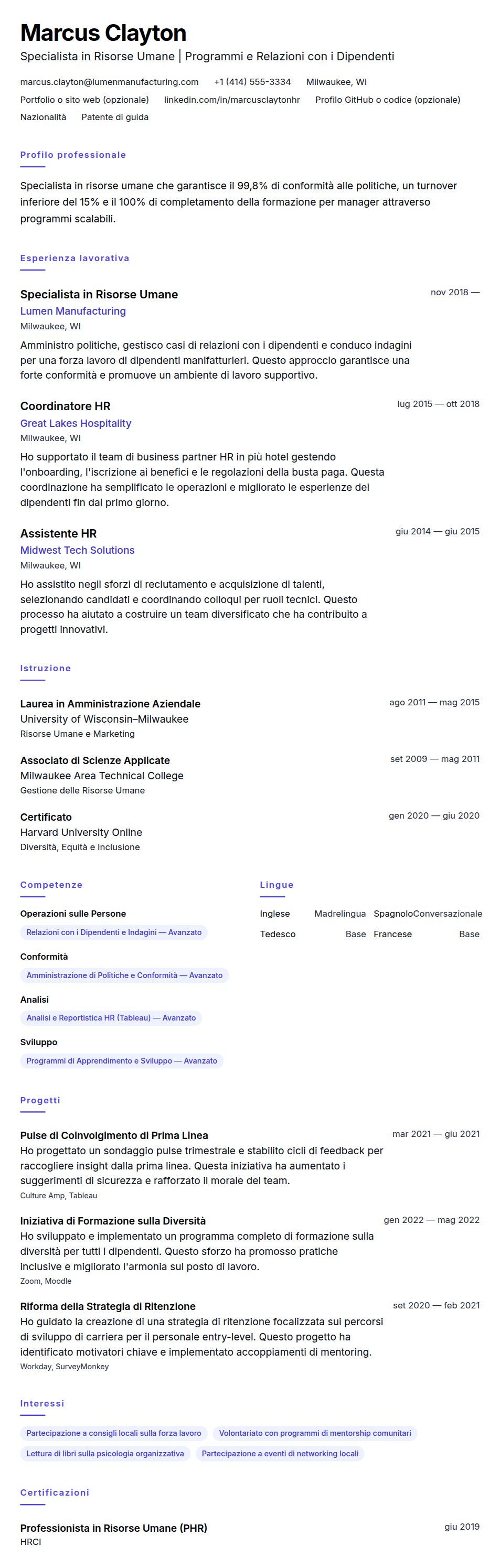 Anteprima del curriculum Esempio di Curriculum Vitae per Specialista in Risorse Umane