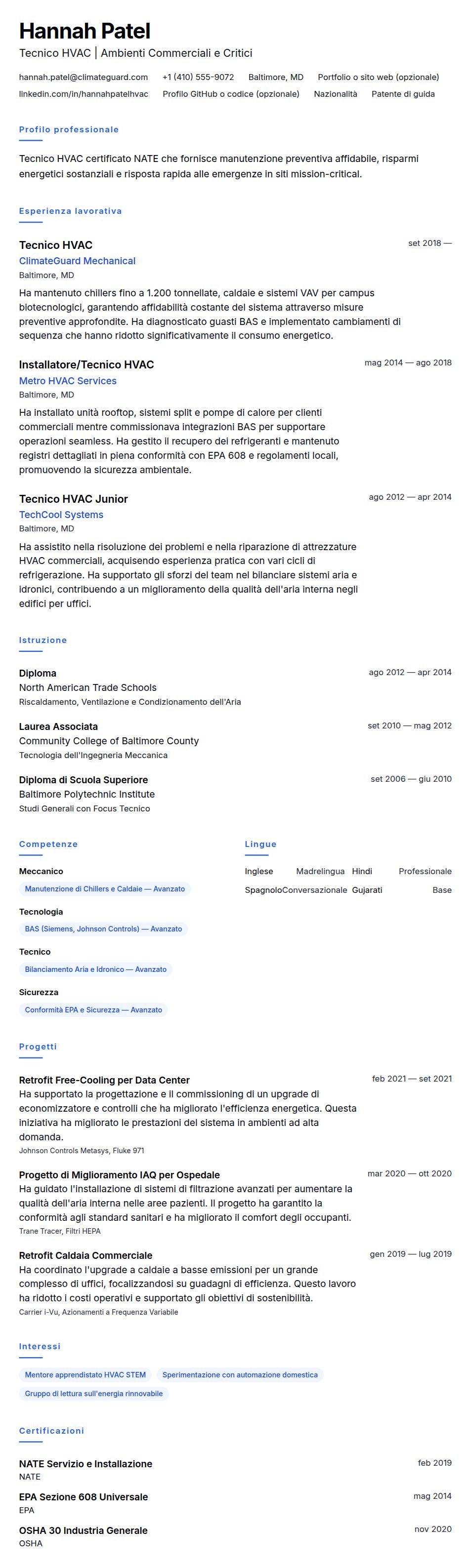 Anteprima del curriculum Esempio di Curriculum Tecnico HVAC
