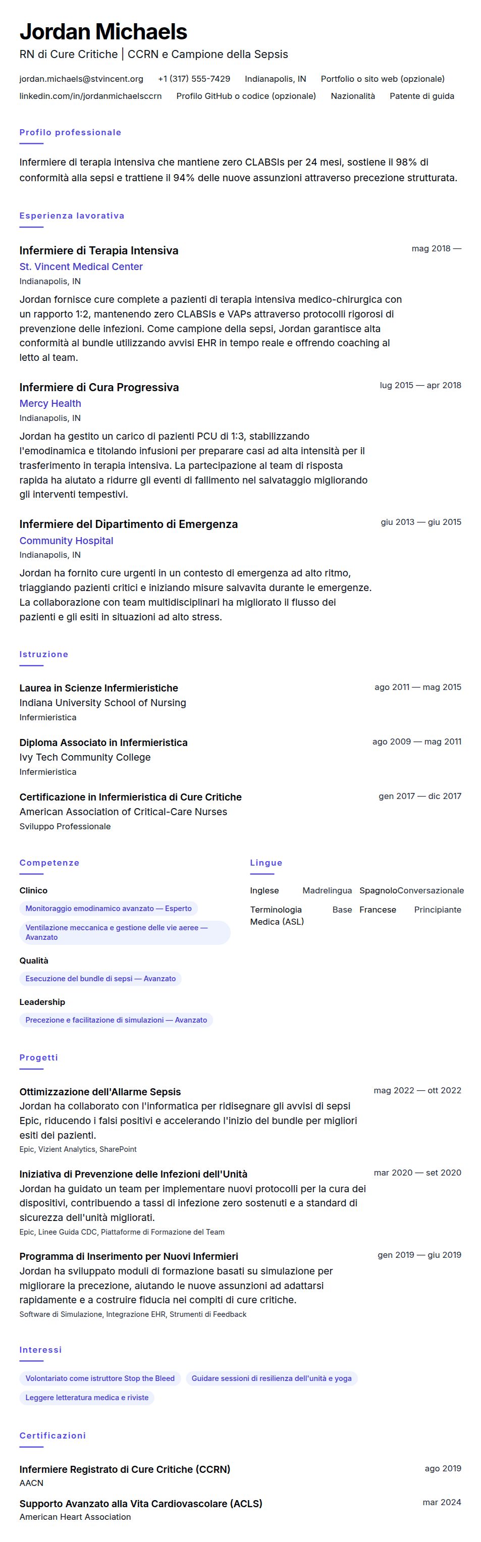 Anteprima del curriculum Esempio di Curriculum per Infermiere di Terapia Intensiva