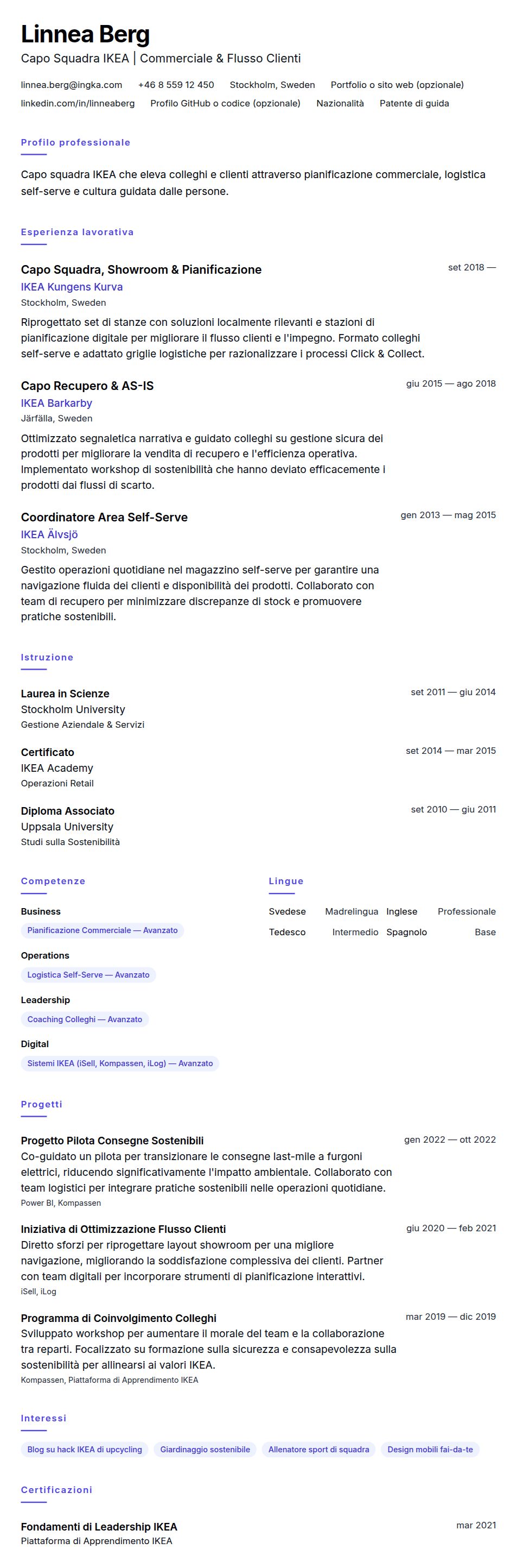 Anteprima del curriculum Esempio di Curriculum per Capo Squadra IKEA