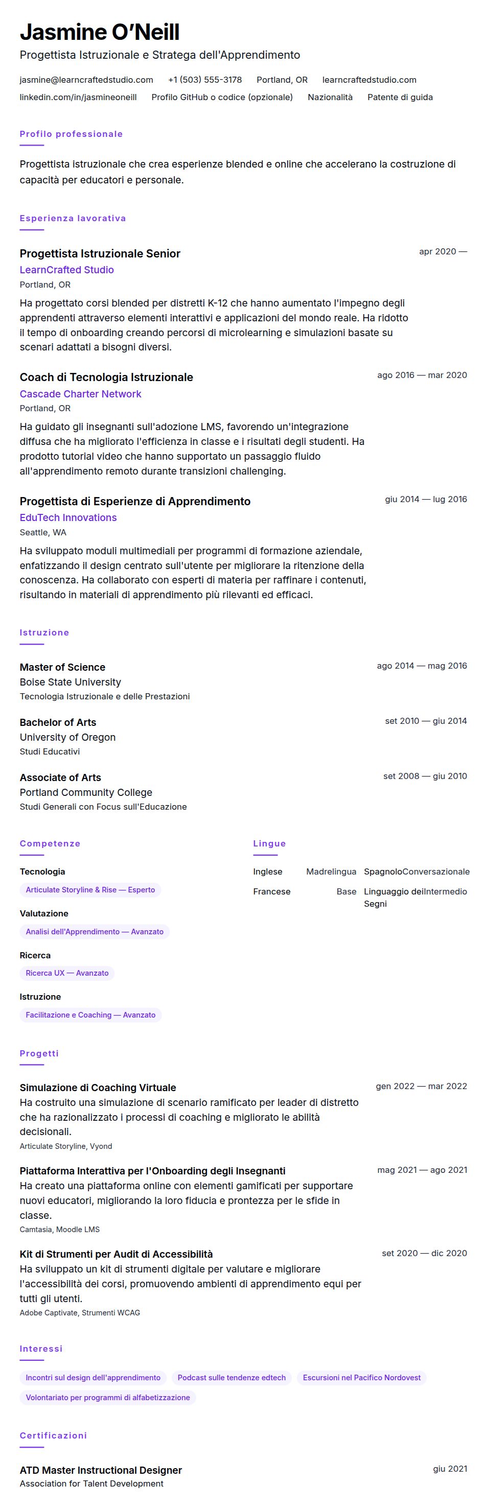 Anteprima del curriculum Esempio di Curriculum Vitae per Progettista Istruzionale