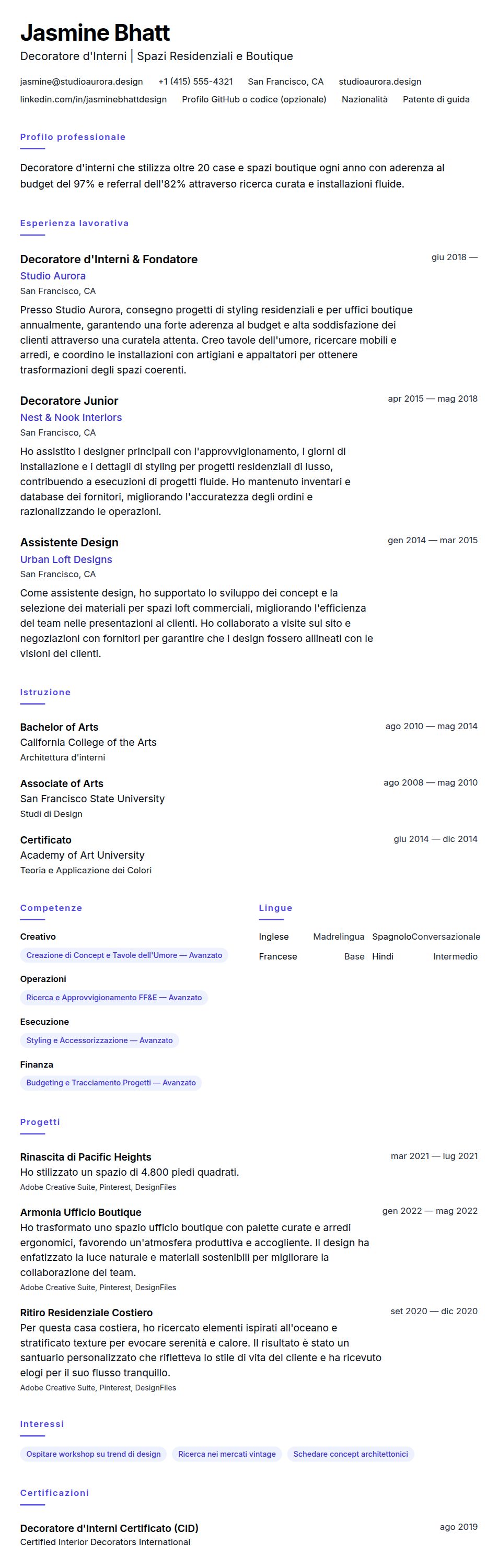 Anteprima del curriculum Esempio di Curriculum Vitae per Decoratore d'Interni
