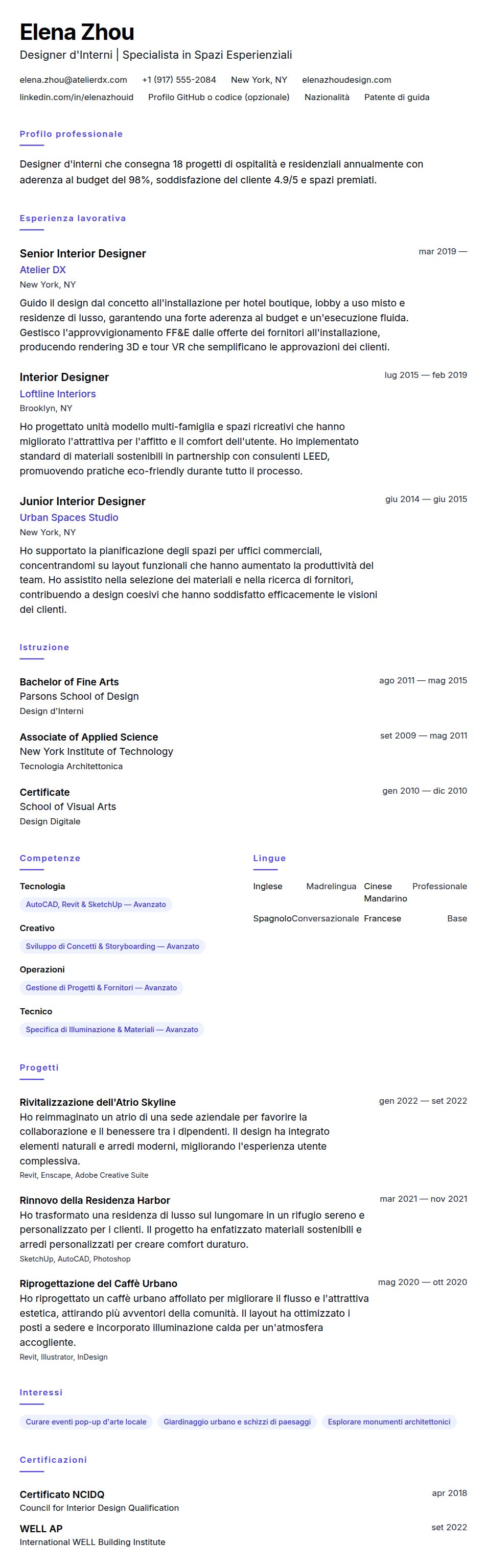 Anteprima del curriculum Esempio di Curriculum Vitae per Designer d'Interni